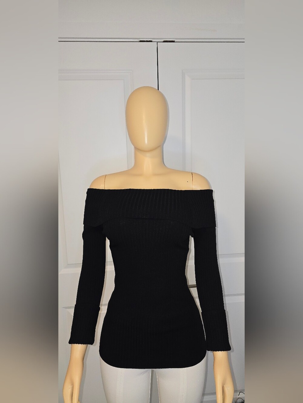 Hera Collection Black Ribbed Off-Shoulder Cowl Sweater
